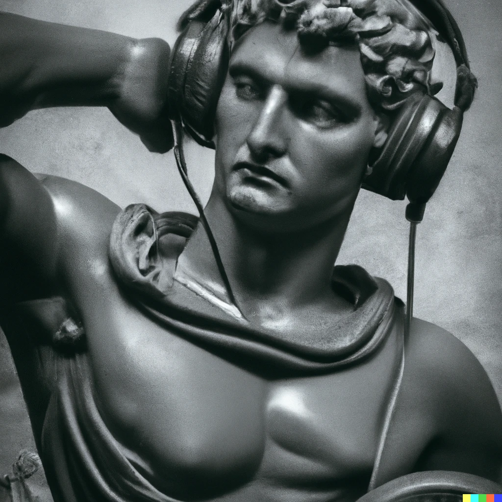 A photo of Michelangelo's sculpture of David wearing headphones djing